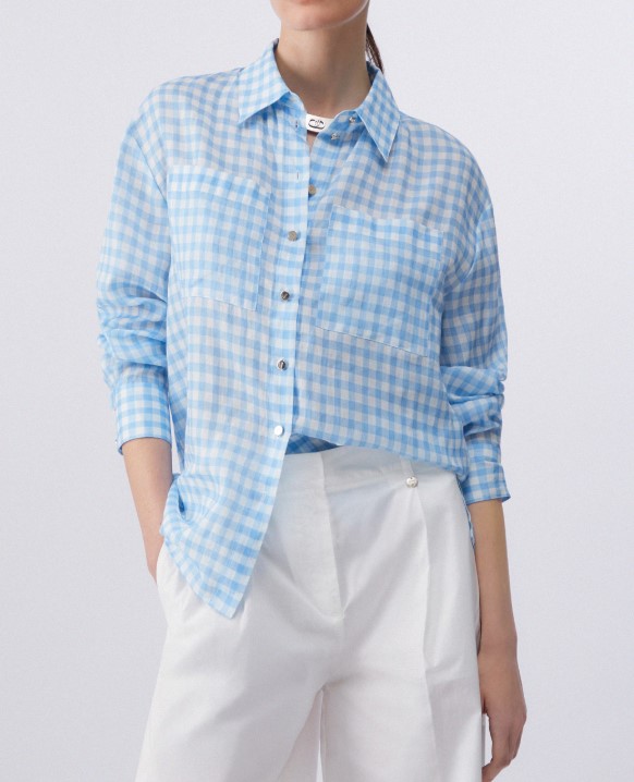 Liu Jo Checked Ramie Shirt With Logoed Button Closure Blauw