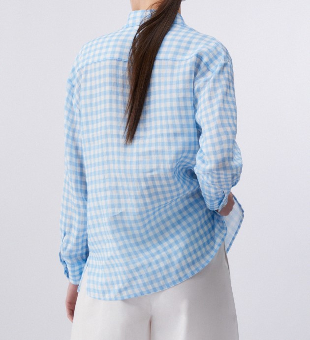 Liu Jo Checked Ramie Shirt With Logoed Button Closure Blauw