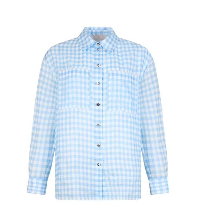 Liu Jo Checked Ramie Shirt With Logoed Button Closure Blauw