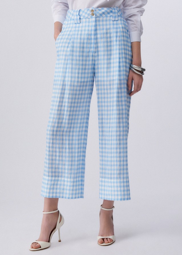Liu Jo Cropped Vichy Trousers With Front Pleats And Side Pockets Blauw