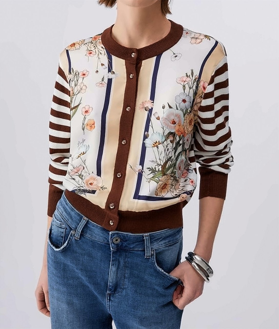 Liu Jo Striped Twill Insert Knitwear Cardigan Bruin