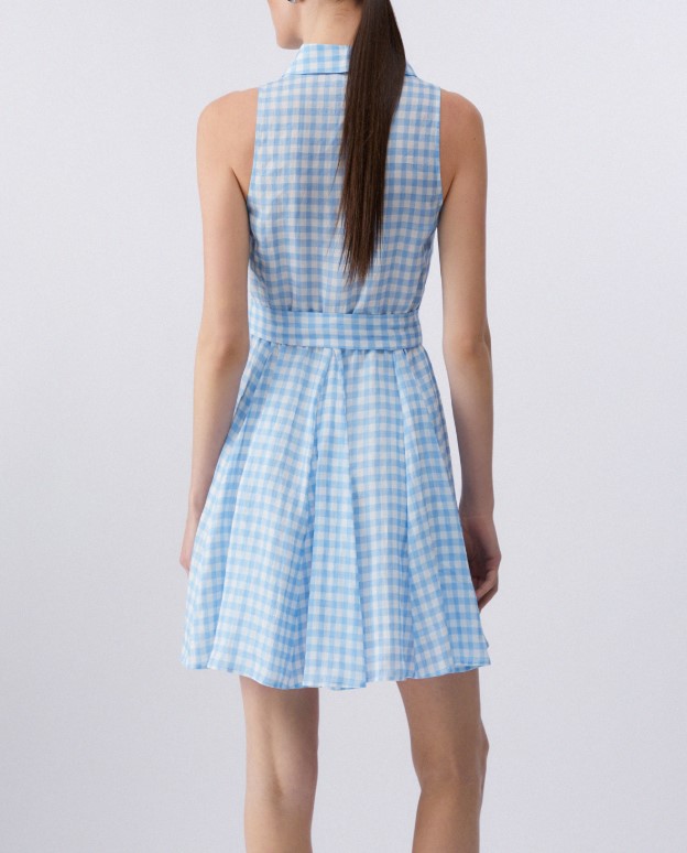 Liu Jo Gingham Mini Dress With Belted Waist And Shirt Collar Blauw