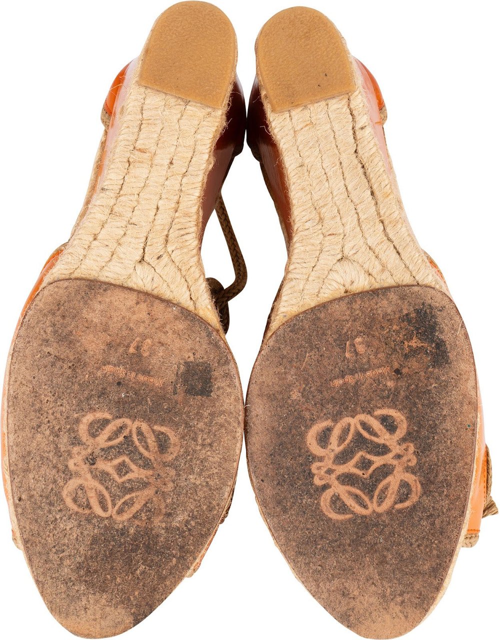 Loewe Orange Patent Leather Anagram Beaded Espadrille Wedge Sandals (37) Oranje