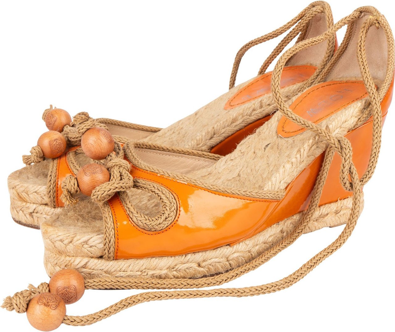 Loewe Orange Patent Leather Anagram Beaded Espadrille Wedge Sandals (37) Oranje