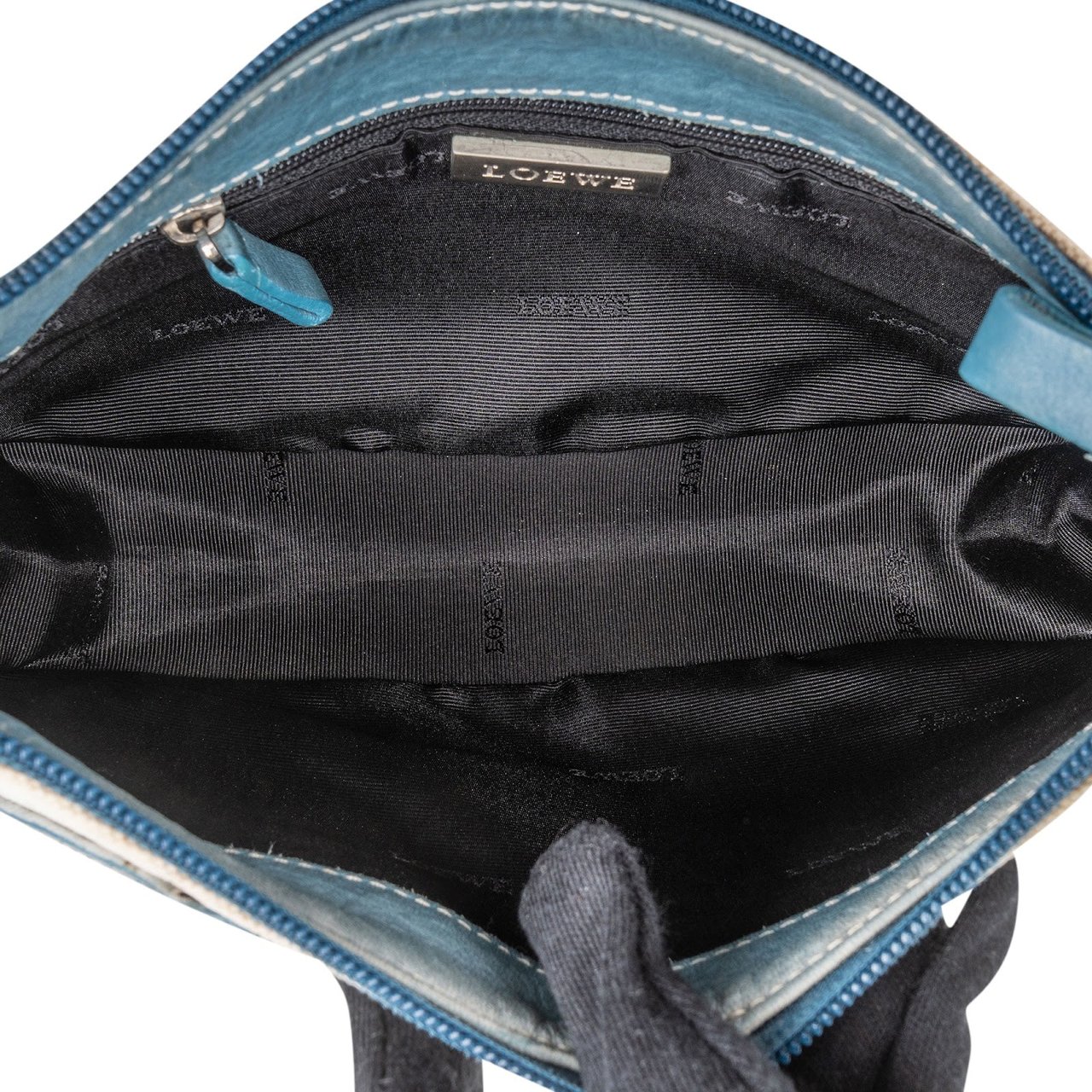 Loewe Leather and Canvas Anagram Studded Pochette Shoulder Bag Blauw
