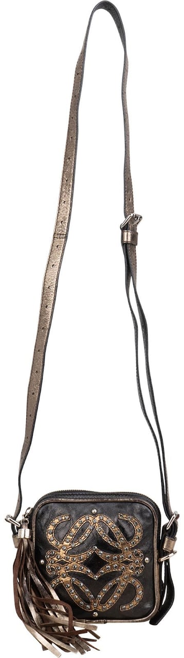 Loewe Leather Anagram Studded Fringe Crossbody Bag Zwart