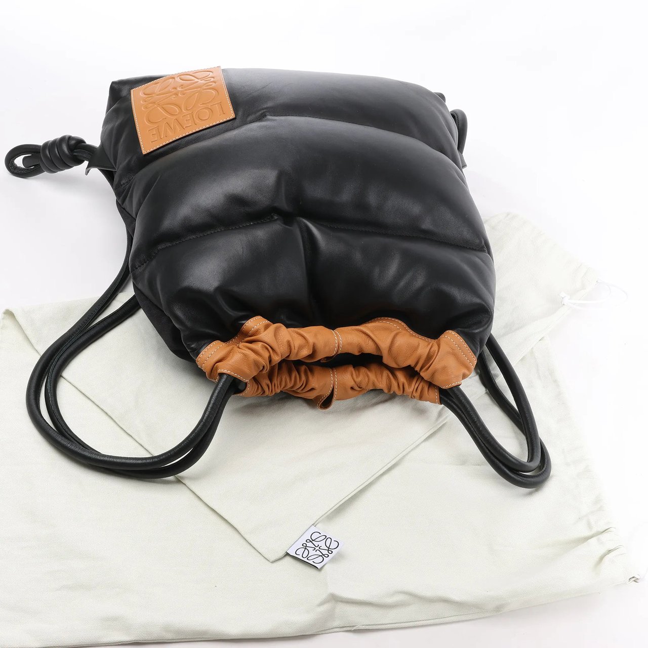 LOEWE Puffy Yago Leather x Nylon Backpack in Black x Brown Divers