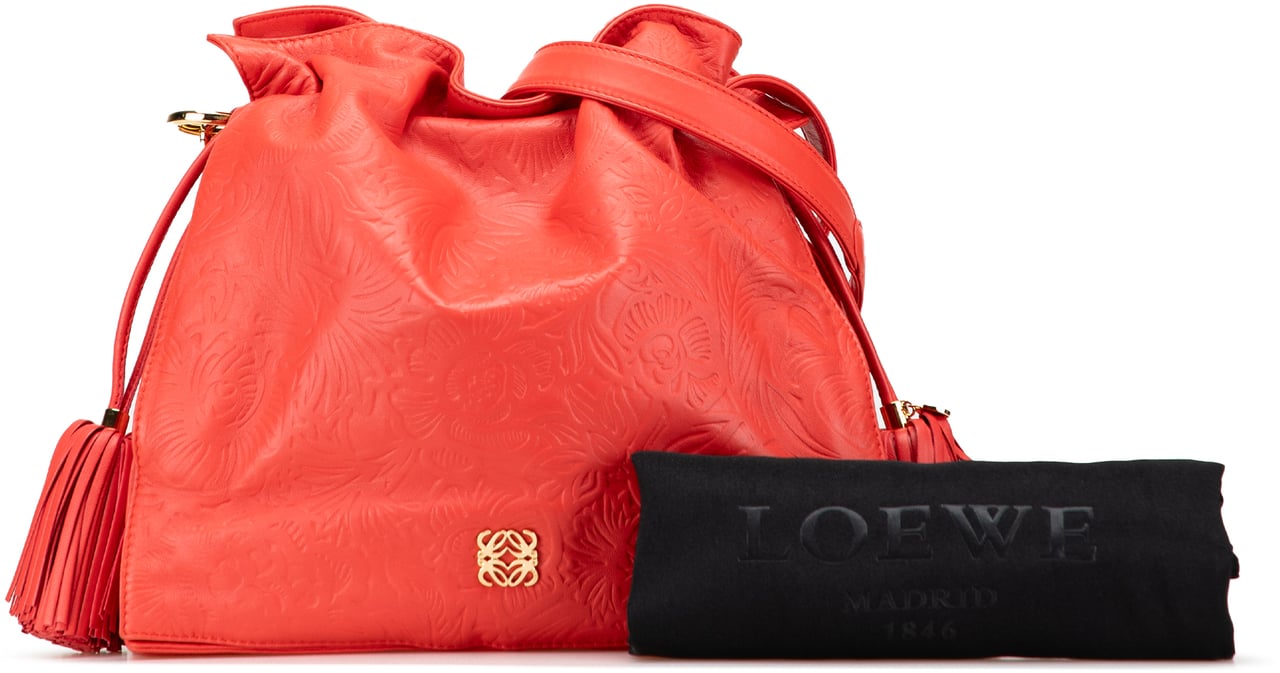 Loewe Embossed Leather Flamenco Tassel Crossbody Rood