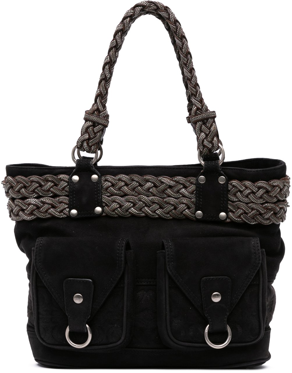 Loewe Suede Braided Chain Pocket Tote Zwart