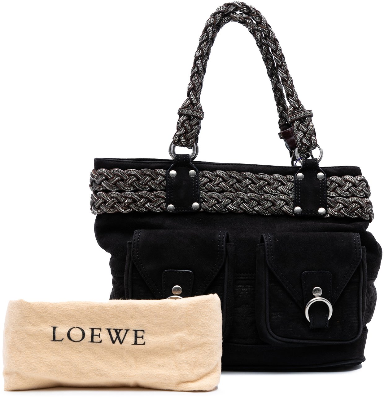 Loewe Suede Braided Chain Pocket Tote Zwart
