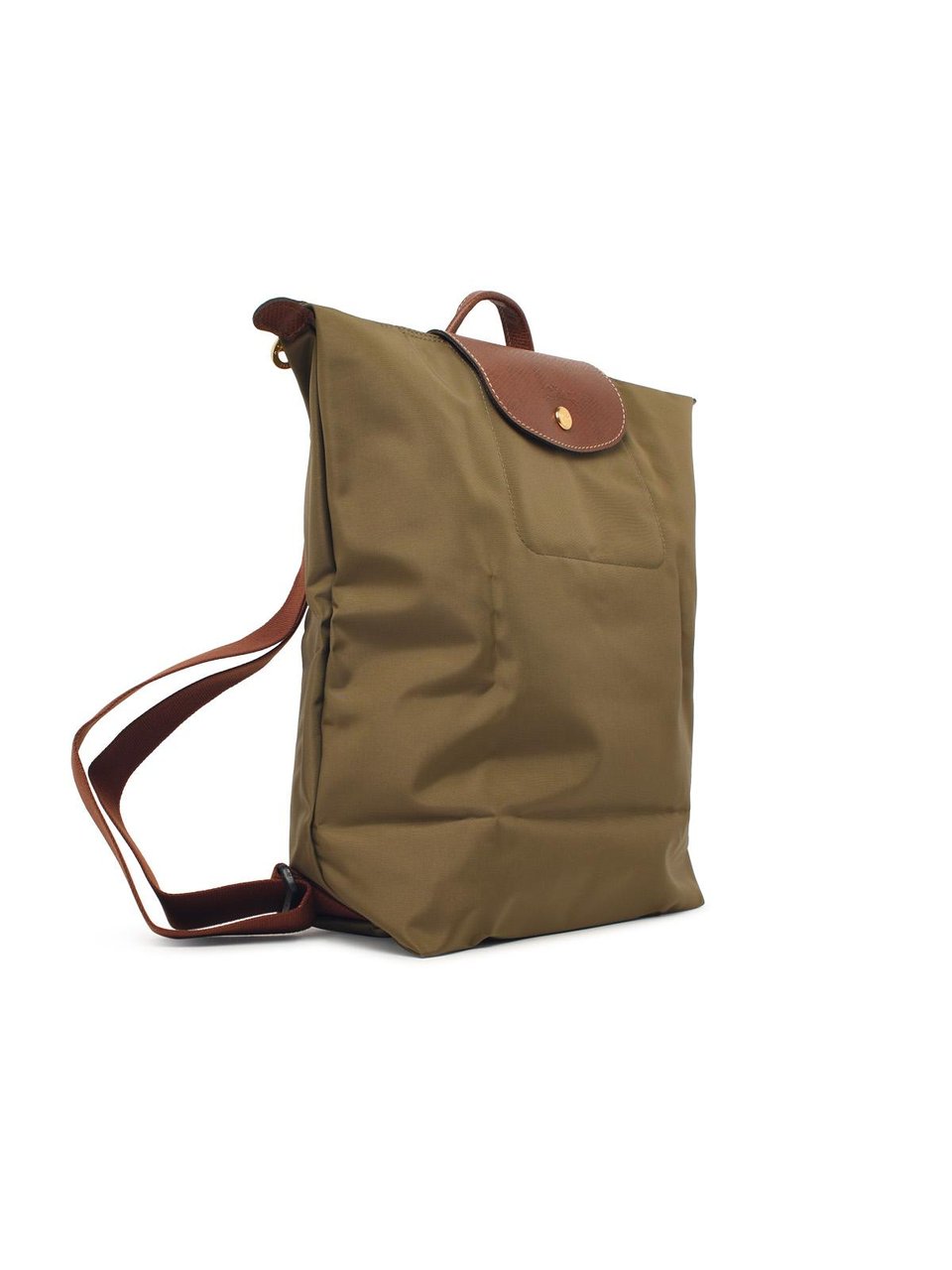 Longchamp Compact Olive Tela Backpack with Leather Flap and Adjustable Straps Bruin