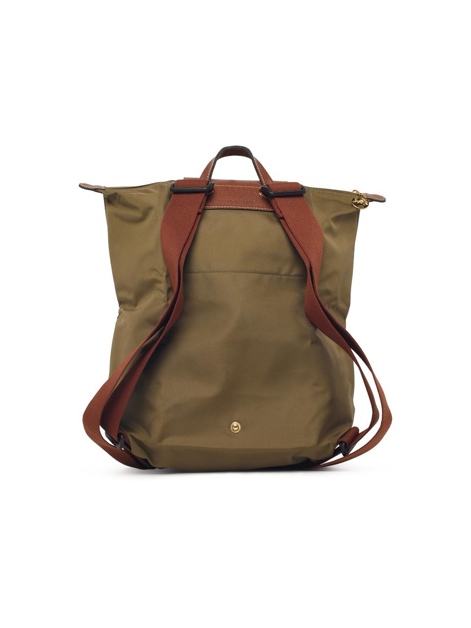 Longchamp Compact Olive Tela Backpack with Leather Flap and Adjustable Straps Bruin