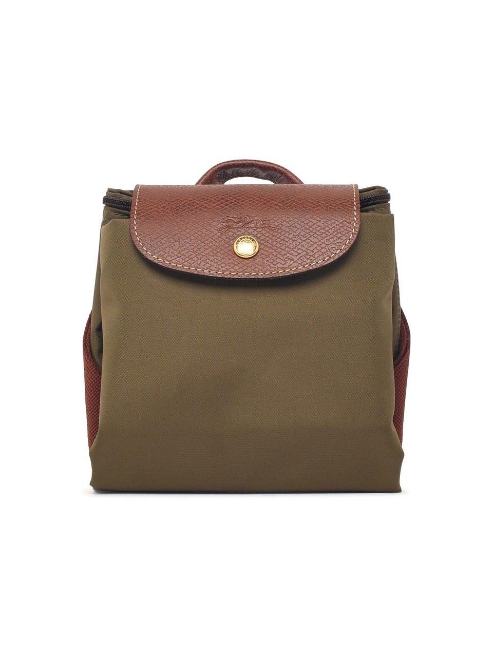 Longchamp Compact Olive Tela Backpack with Leather Flap and Adjustable Straps Bruin