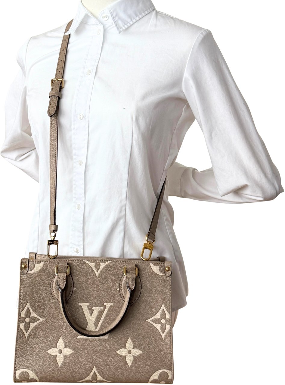 Louis Vuitton OnTheGo PM Monogram Empreinte Tourterelle / Creme Full Set / Very Good Beige