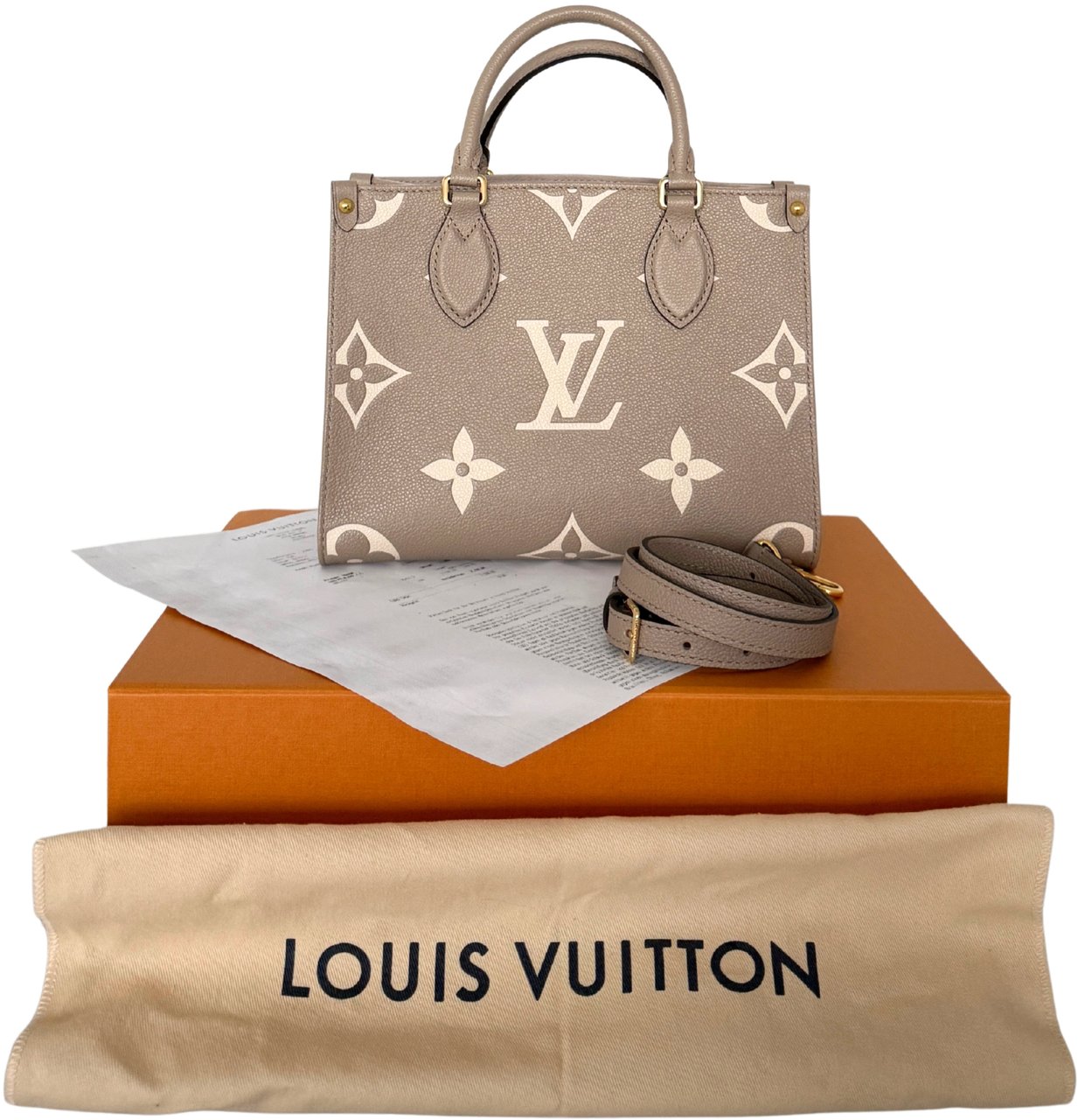 Louis Vuitton OnTheGo PM Monogram Empreinte Tourterelle / Creme Full Set / Very Good Beige