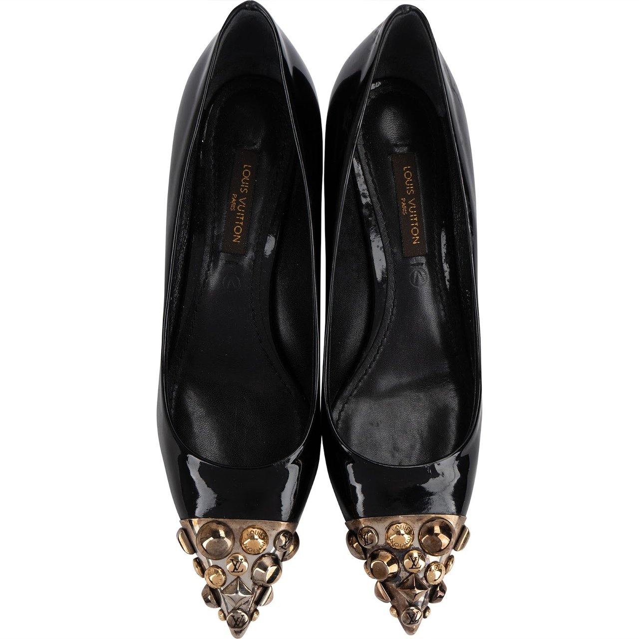 Louis Vuitton Louis Vuitton Black Patent Leather Studded Cap Toe Kitten Heel Pumps (35) Zwart