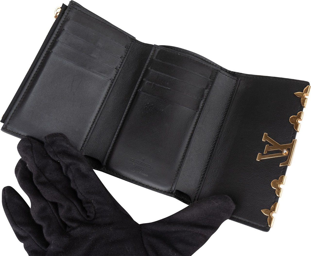 Louis Vuitton Noir Taurillon Leather Capucines Flower Compact Wallet Zwart