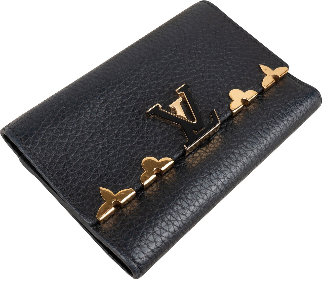 Louis Vuitton Noir Taurillon Leather Capucines Flower Compact Wallet Zwart