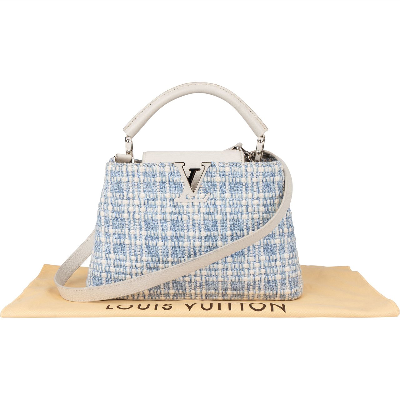 Louis Vuitton Bleu Blanco Tweed Capucines BB Handbag Blauw