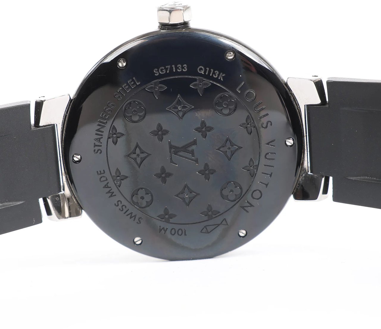 Louis Vuitton Louis Vuitton Tambour Q113K SG7133 SS & Rubber AT Watch with Black Dial Zwart