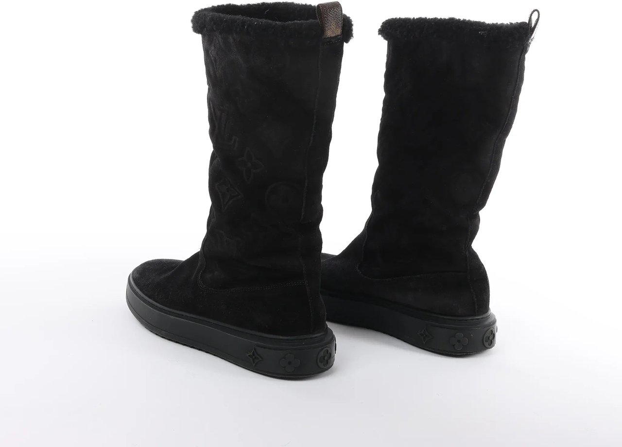 Louis Vuitton Breezy line 19-year Monogram Suede x Sheepskin Boots in Black CL0169, Size 38 EU Zwart