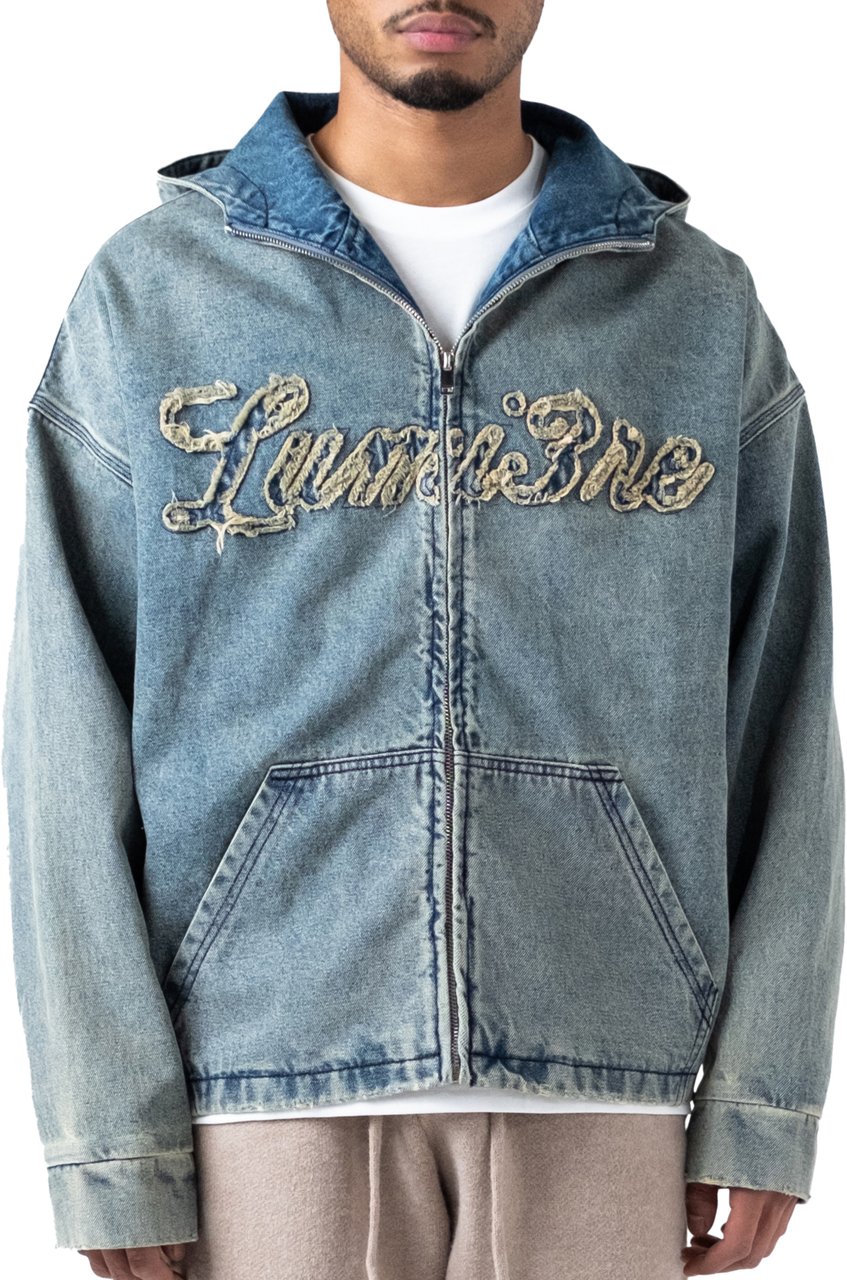 LUMI3RE Washed Loop Logo Hooded Denim jacket Lichtblauw