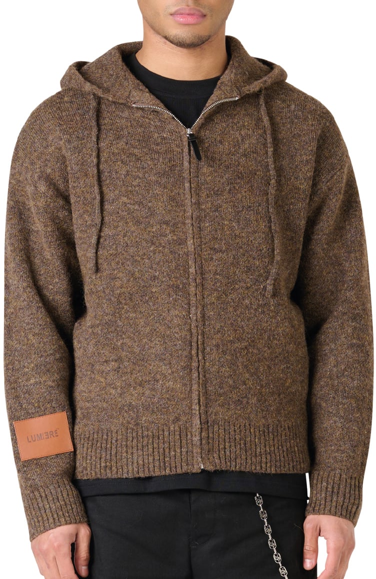 LUMI3RE Leather Patch Knitted Hooded Sweater Brown Bruin