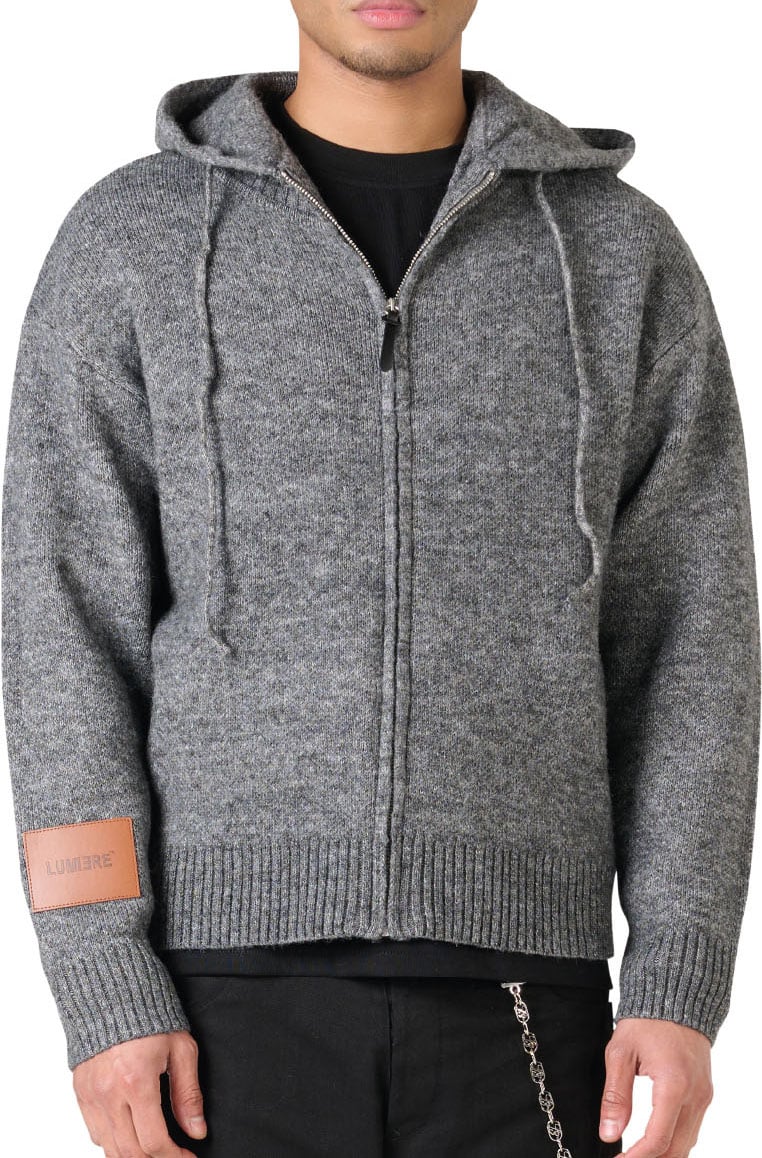 LUMI3RE Leather Patch Knitted Hooded Sweater Black-Grey Zwart