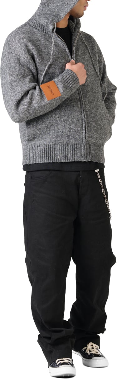 LUMI3RE Leather Patch Knitted Hooded Sweater Black-Grey Zwart