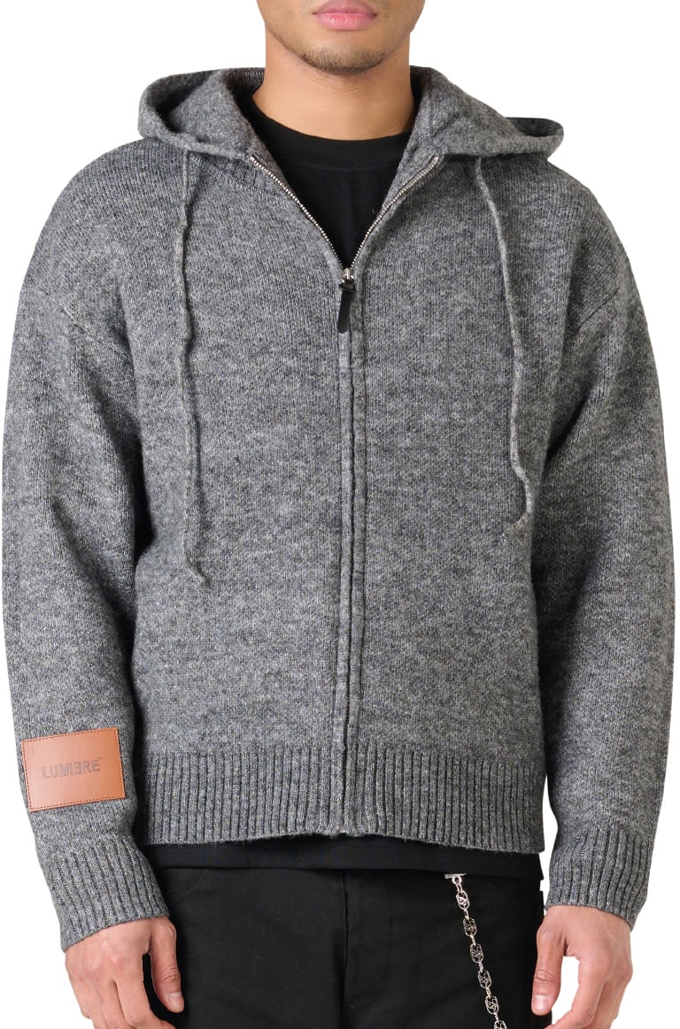 LUMI3RE Leather Patch Knitted Hooded Sweater Black-Grey Zwart