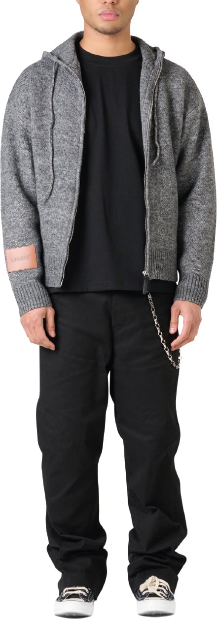 LUMI3RE Leather Patch Knitted Hooded Sweater Black-Grey Zwart