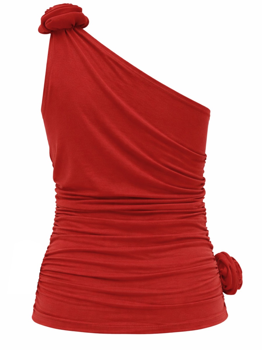 Magda Butrym One Shoulder Fitted Ruching Crop Top Rood