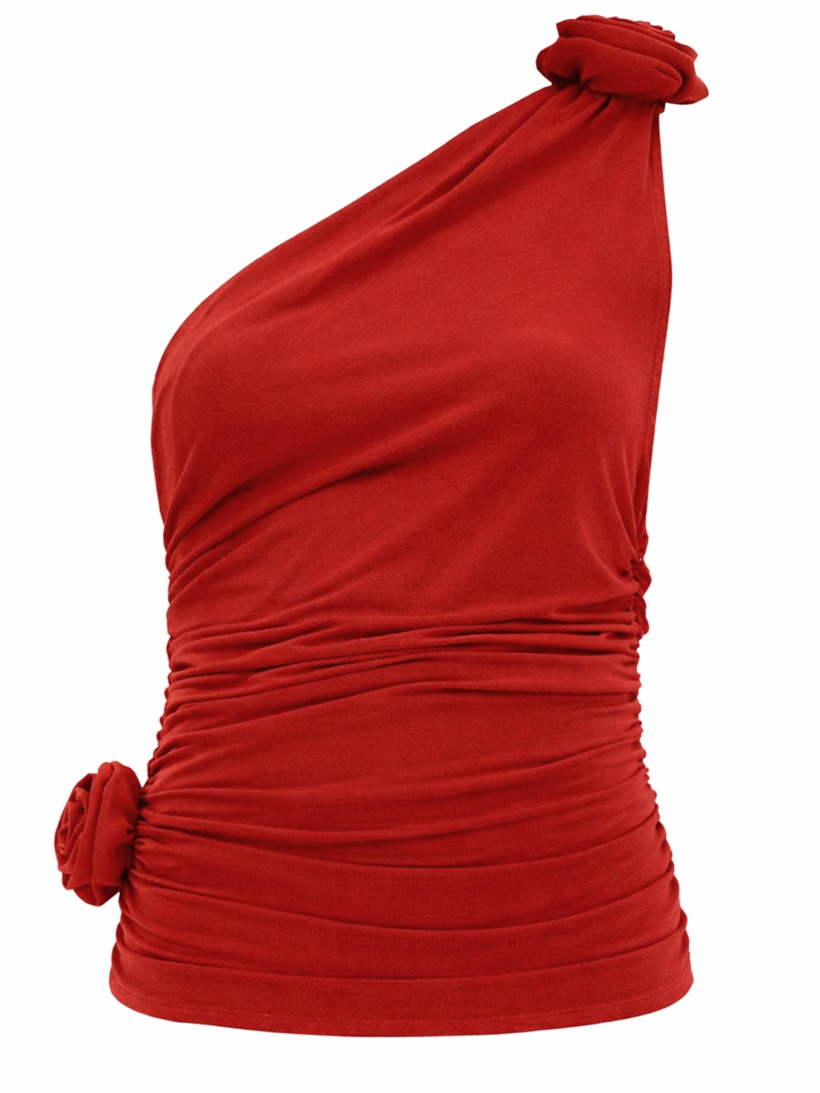 Magda Butrym One Shoulder Fitted Ruching Crop Top Rood