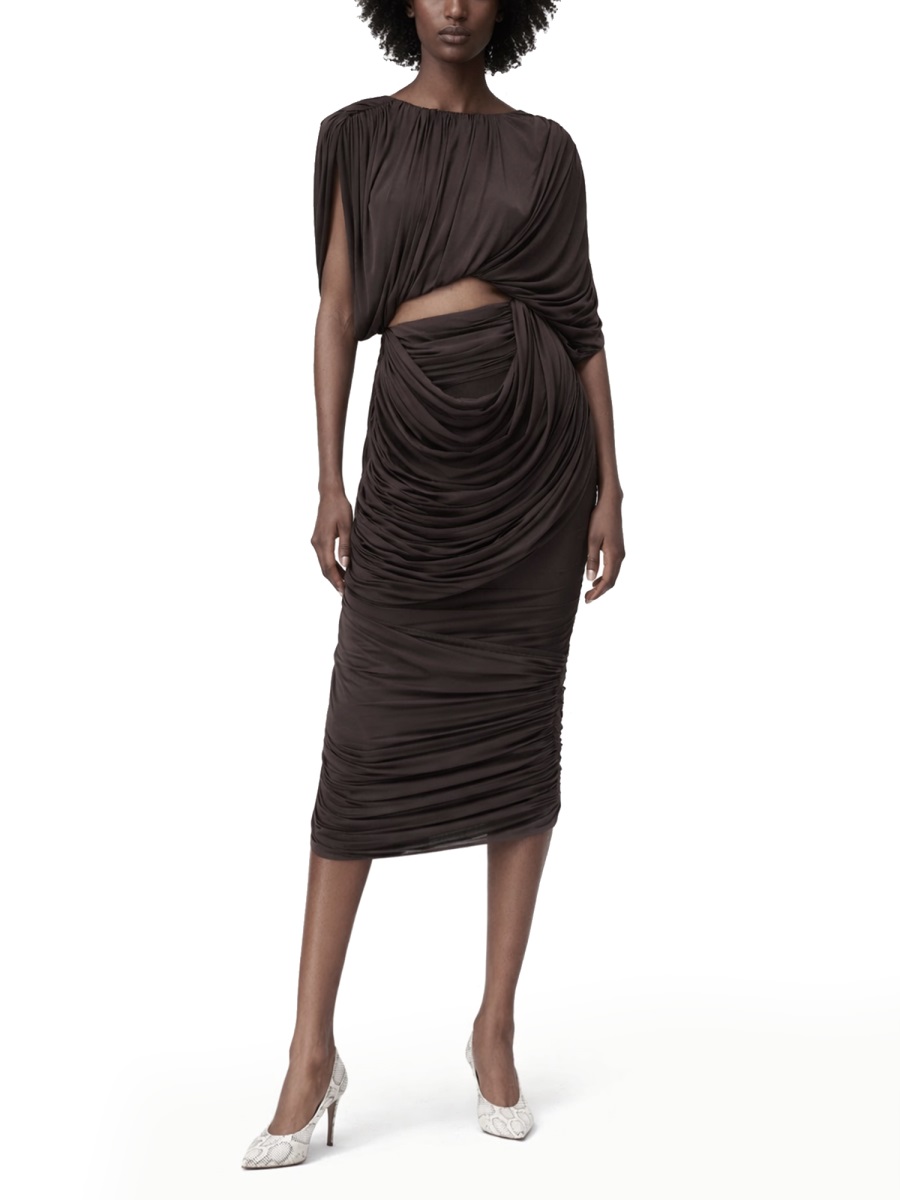 Magda Butrym Draped Ruched Smooth Cupro Midi Skirt Zwart