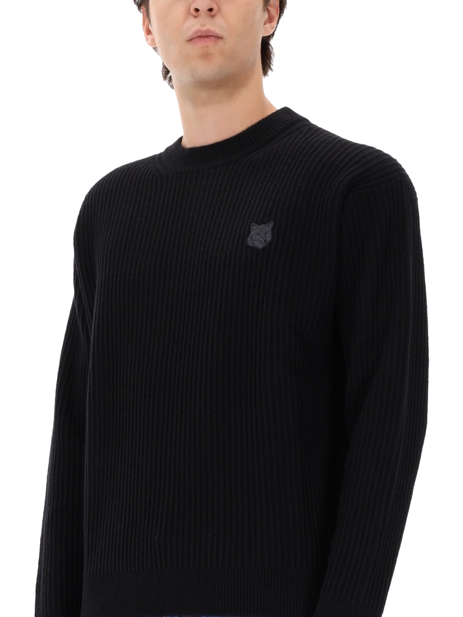 Maison Kitsuné RIBBED KNIT WITH FOX PATCH Zwart
