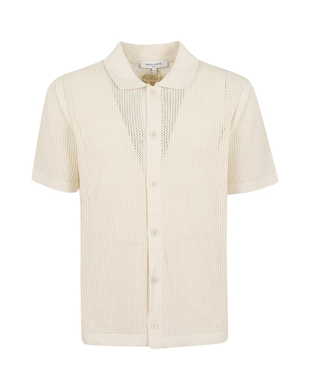 Maison Kitsuné Open Knit Cardigan with Shirt Collar and Embroidered Detail Neutraal