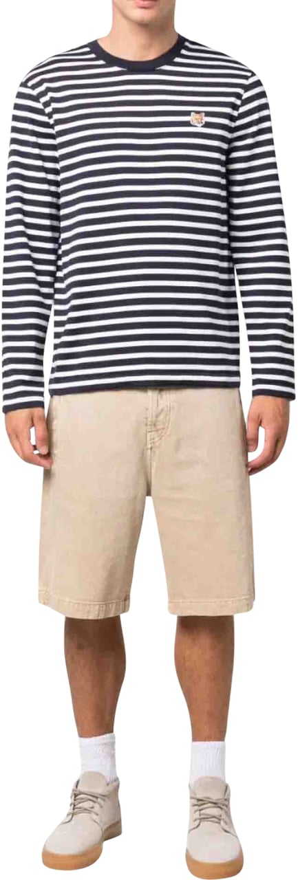 Maison Kitsuné Fox Logo Striped T-shirt Blauw