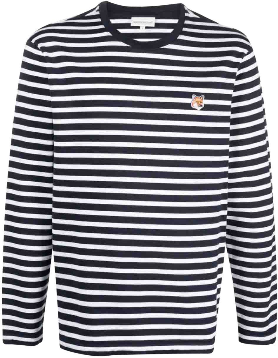 Maison Kitsuné Fox Logo Striped T-shirt Blauw