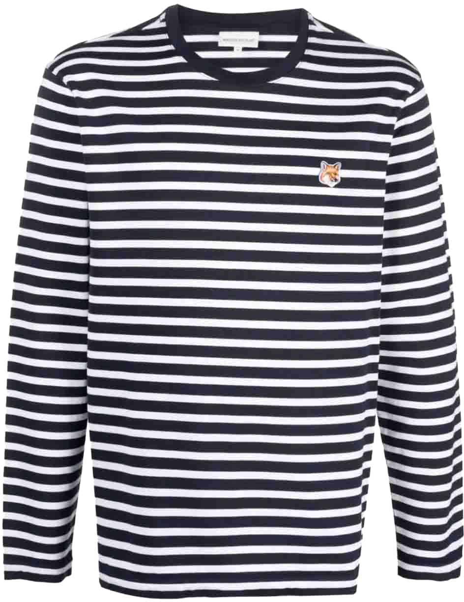Maison Kitsuné Fox Logo Striped T-shirt Blauw
