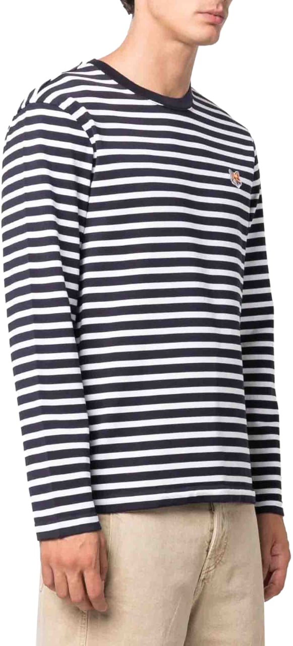 Maison Kitsuné Fox Logo Striped T-shirt Blauw