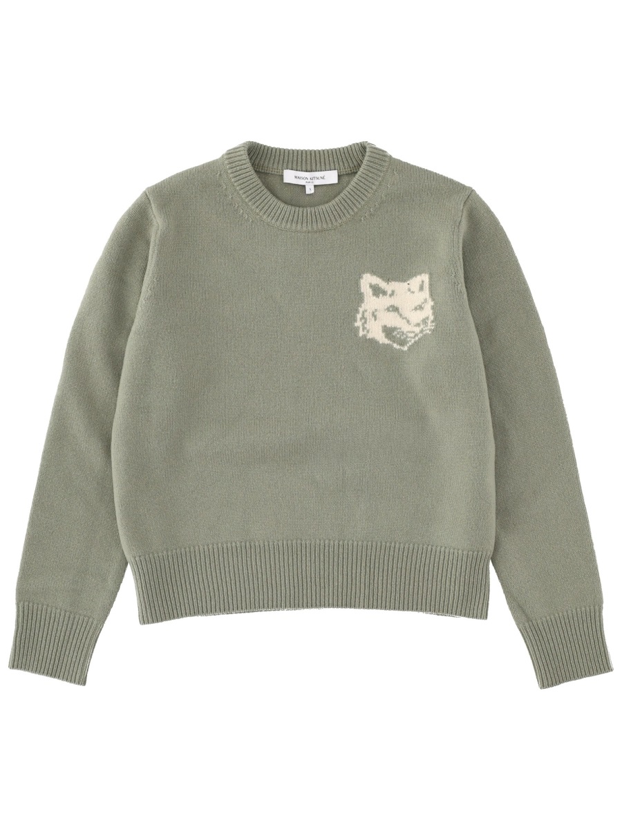 Maison Kitsuné Green Fox Head Wool Sweater Grijs