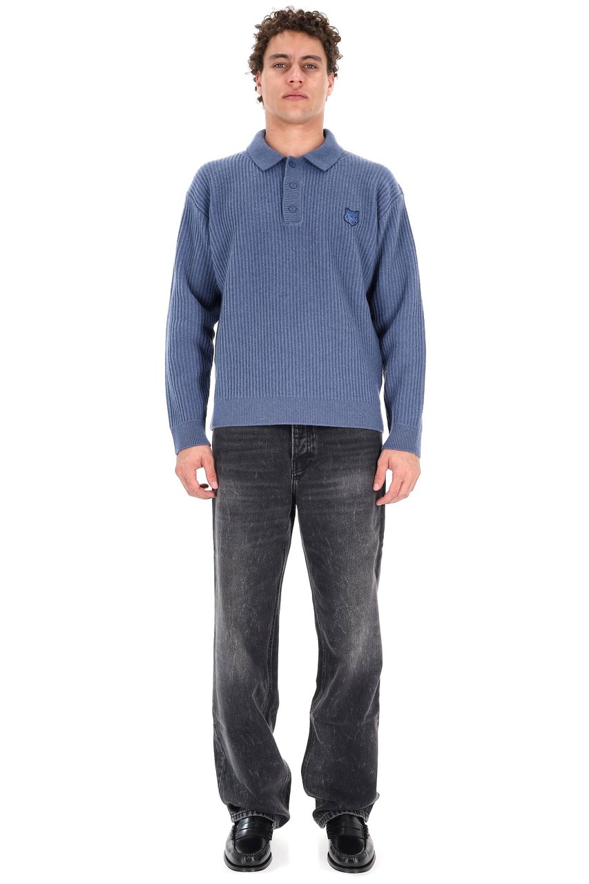 Maison Kitsuné Over Fit Ribbed Wool Polo-Sweater Blauw