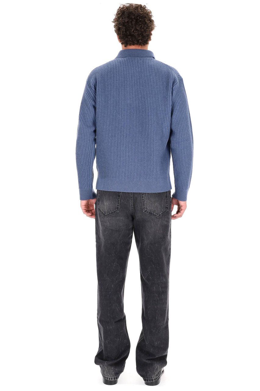 Maison Kitsuné Over Fit Ribbed Wool Polo-Sweater Blauw