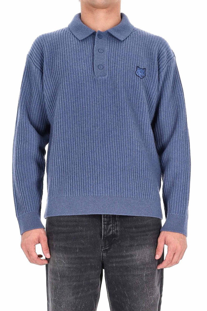 Maison Kitsuné Over Fit Ribbed Wool Polo-Sweater Blauw