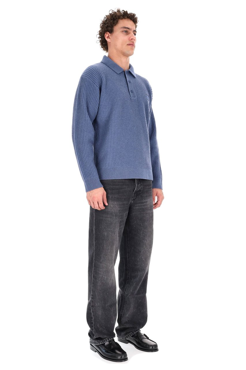 Maison Kitsuné Over Fit Ribbed Wool Polo-Sweater Blauw
