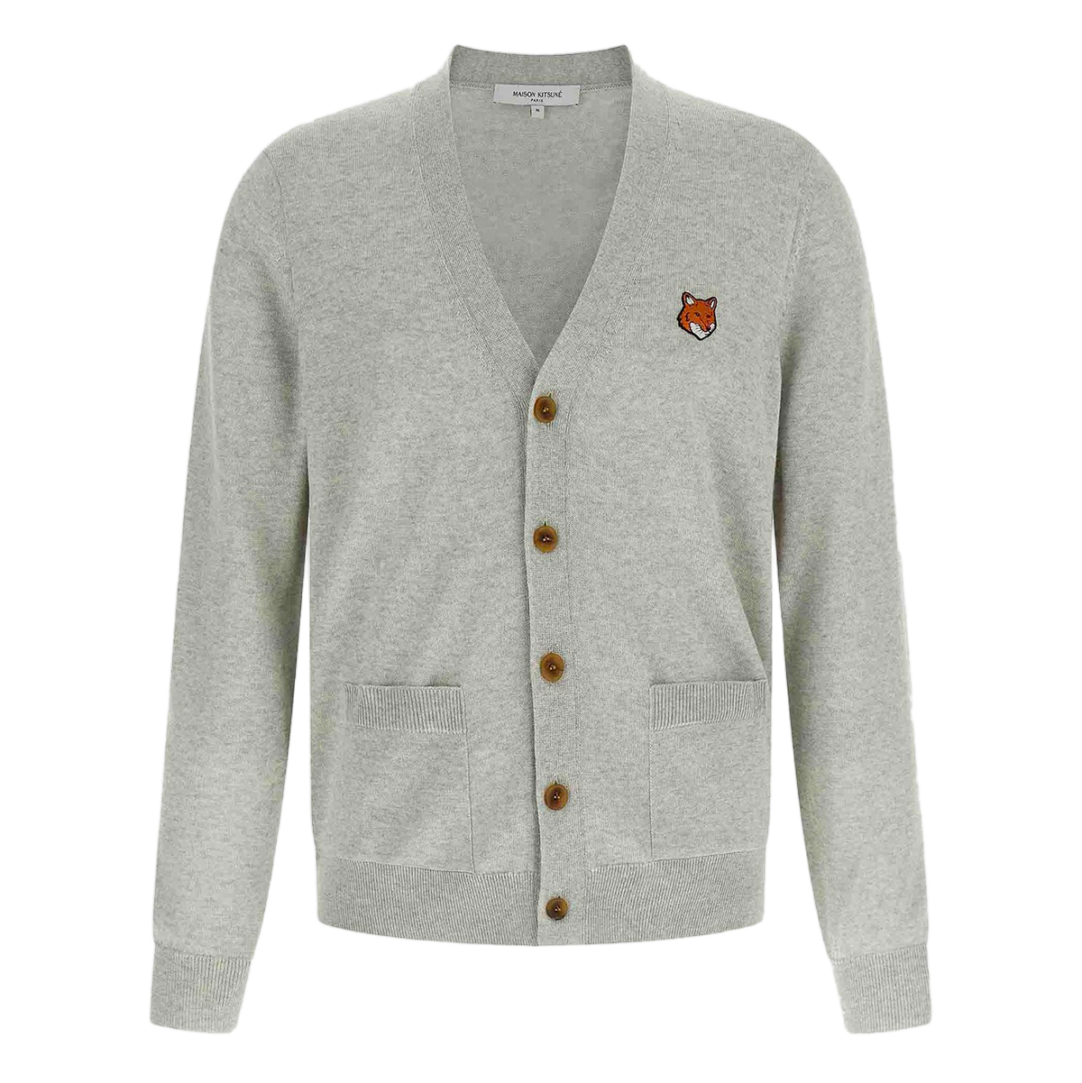 Maison Kitsuné Light Grey Cardigan Sweater With V-Neckline And Embroidered Fox Logo Grijs