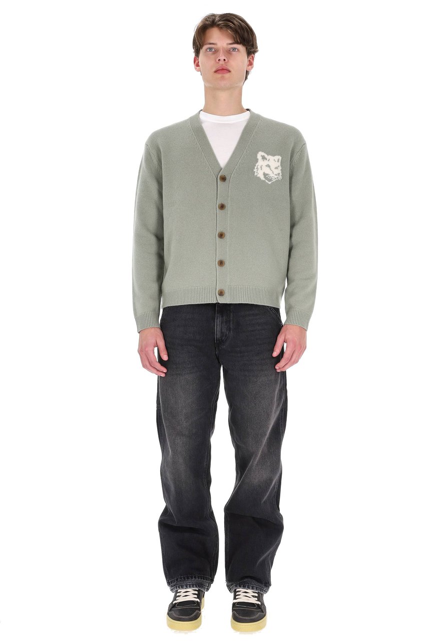 Maison Kitsuné Merino Wool Cardigan with Large Fox Embroidery Grijs