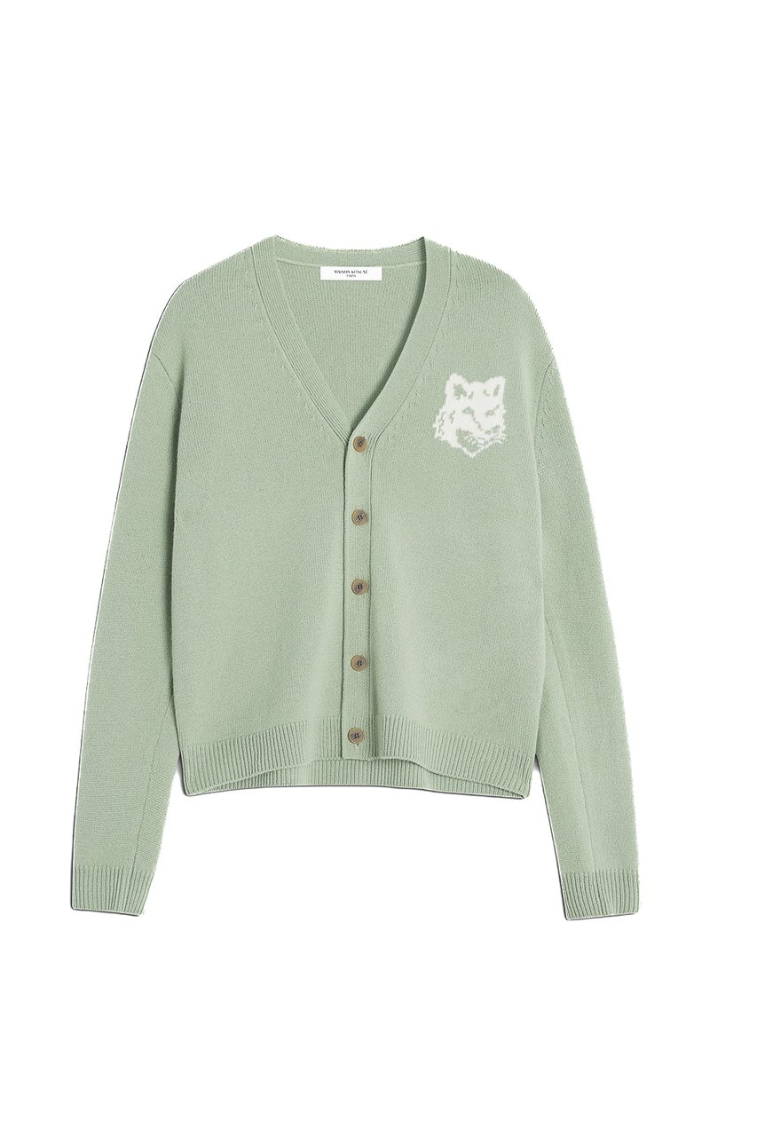 Maison Kitsuné Merino Wool Cardigan with Large Fox Embroidery Grijs