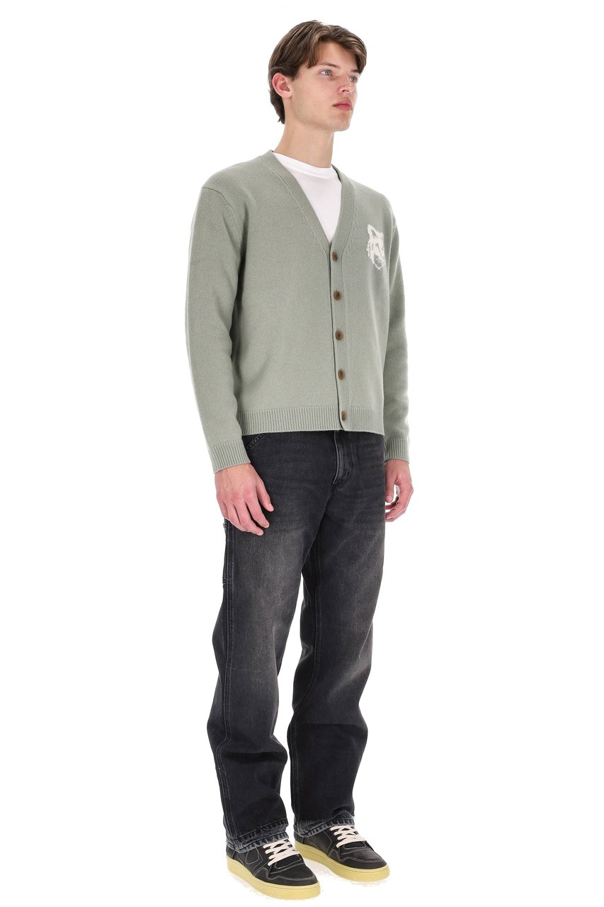 Maison Kitsuné Merino Wool Cardigan with Large Fox Embroidery Grijs