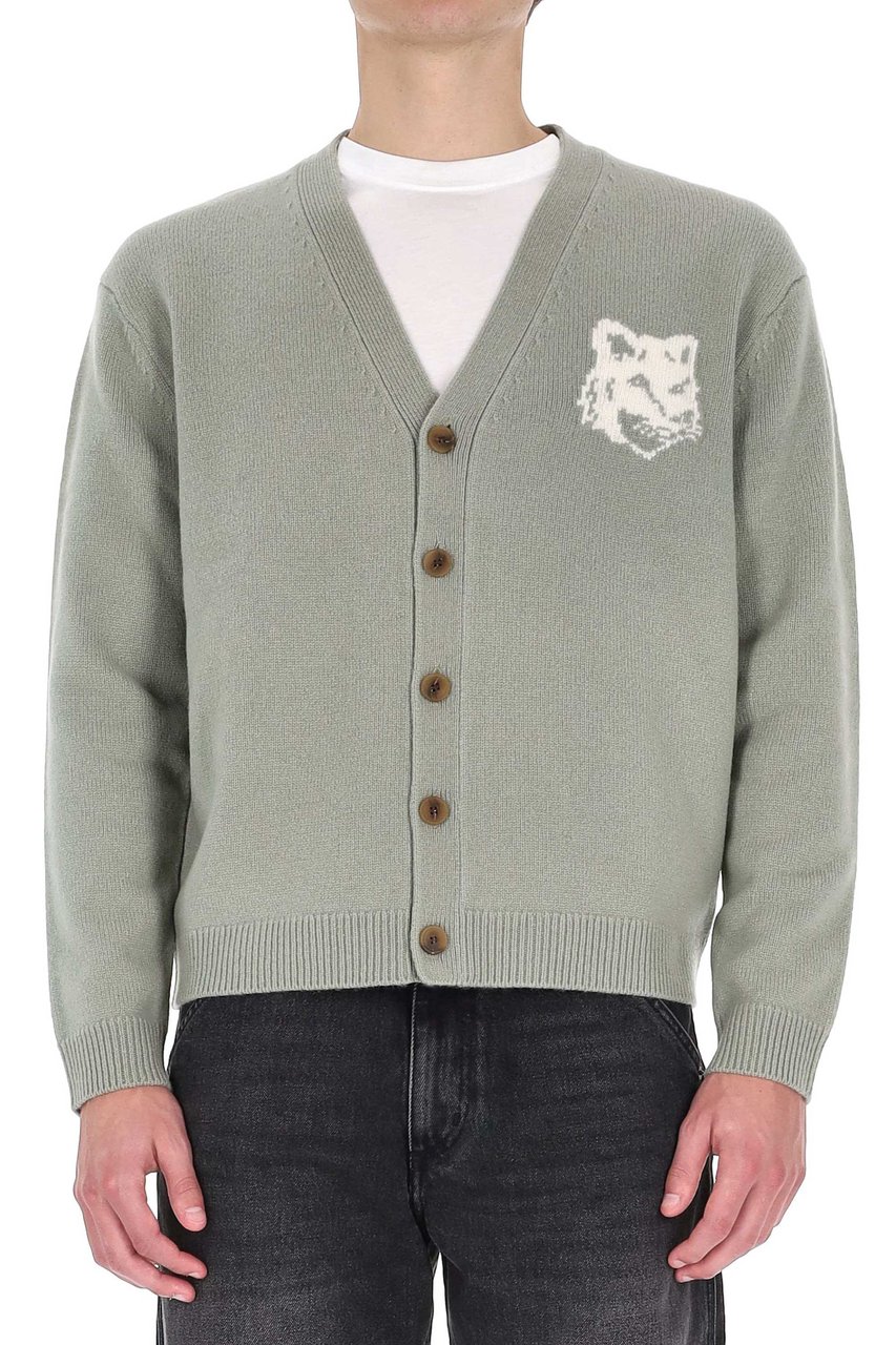 Maison Kitsuné Merino Wool Cardigan with Large Fox Embroidery Grijs